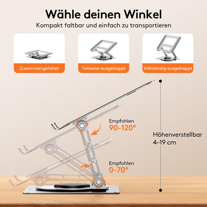 Підставка для ноутбука TECKNET 360° - регульована висота, металева, ергономічна, сумісна з MacBook, Dell (до 17.3