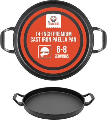 Chef Pomodoro Cast Iron Grill Pan – Cast Iron Grill Pan for Stove, Grill, Oven & Campfire – Cast Iron Pan - Pizza Pan Baking Sheet Round - Gas Grill Griddle - Cast Iron Pan for Gas Grill (36 cm Paella Pan)