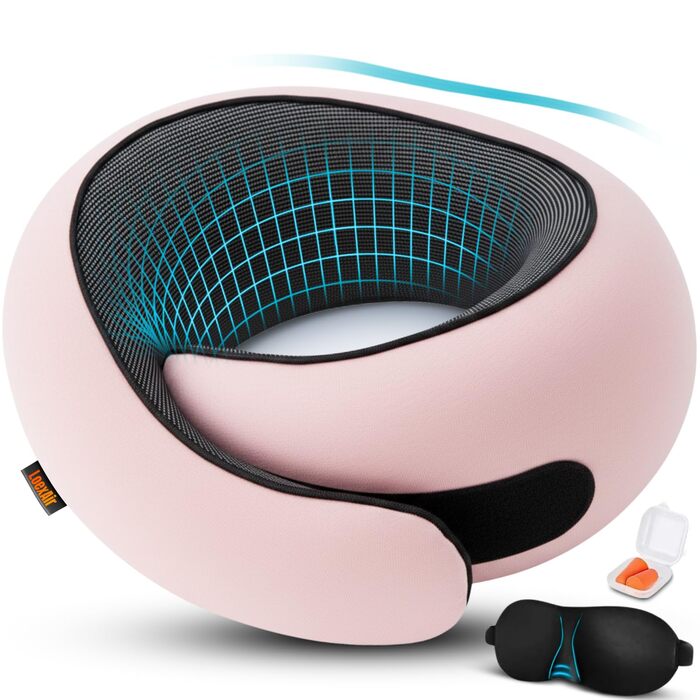 Подушка для шиї у літак, авто - 100% бавовна & Memory Foam. Легка, зручна, повний набір для подорожей (маска для сну, беруші) - (Sakura Pink, Classic)