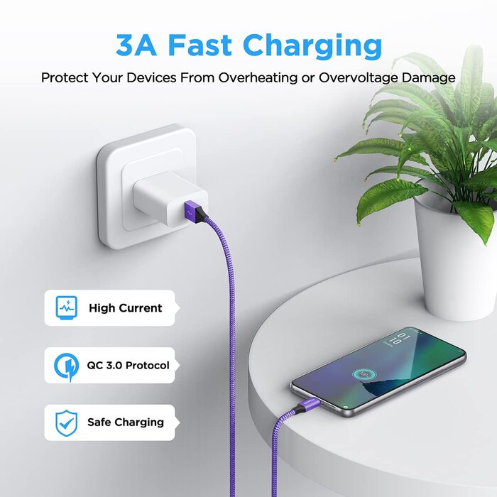 Кабель USB-C 30см [2 шт], білий: USB-A на USB-C, швидка зарядка, нейлон, сумісний з iPhone 16/15 Pro Max, Samsung Galaxy S24/S23/S22/S21/S20/S10/S9, A35/A53