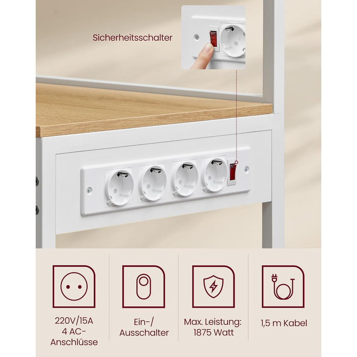 Полиця кухонна VASAGLE з розетками, стелаж для мікрохвильовки, 8 гачків S-подібної форми, кухонний шафчик, органайзер для спецій, 40 x 90 x 165,5 см, коричневий вінтаж та чорний, KKS031K11