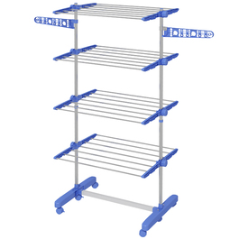 HOMCOM Clothes Rack with Wheels, Clothes Dryer Tower, 2-Tier Folding Wings, Standing Dryer Made of Steel in Blue for Space-Saving Drying