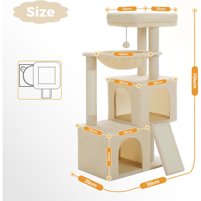 Дім-кігтеточка для котів PETEPELA 104 см з гамаком, будиночком та ігровим м'ячиком (Бежевий)