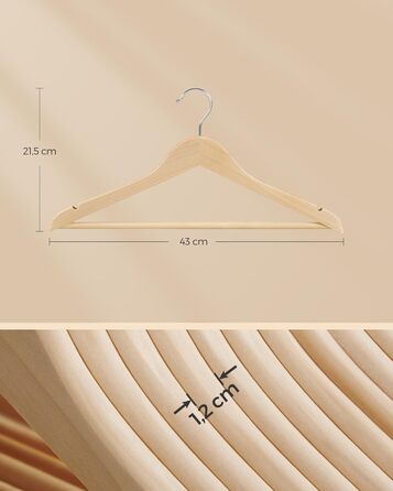 SONGMICS Wooden Clothes Hangers, 24-Piece Set, Wooden Hangers, Shoulder Indentations, Trouser Bar, Trouser Hanger, 360° Swivel Hook, for Jackets, Shirts, Coats, Natural Beige CRW010N24