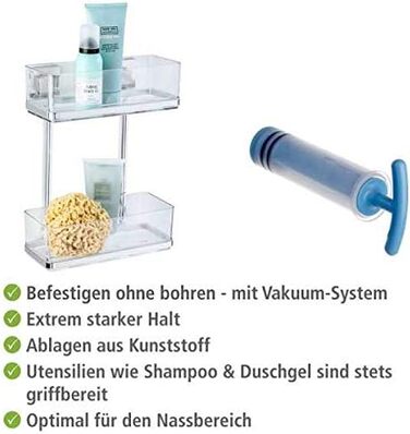 Двоповерхова полиця для ванної WENKO Vacuum-Loc Quadro Duo, без свердління, нержавіюча сталь, знімний пластиковий лоток, антикорозійна, 25,5x32,5x14 см