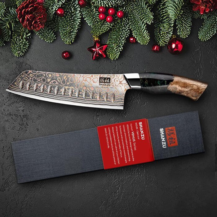 Японський ніж Santoku з дамаської сталі 18 см, ручка з акації, професійний, серія VENUS | SHAN ZU