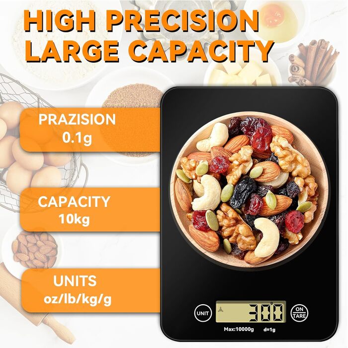 Кухонні ваги PQETBV 10KG з LED-дисплеєм, скляна платформа, точність 1г, чорний колір