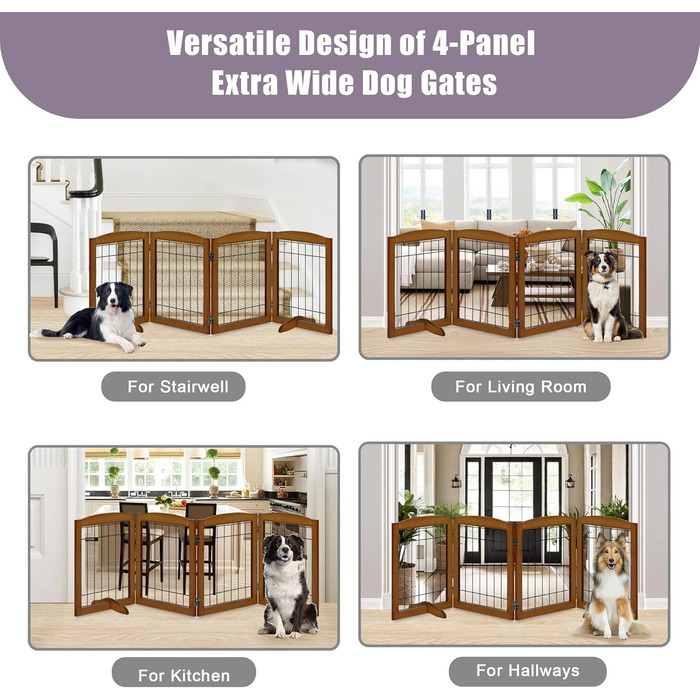 Дерев'яне перегороджувальне ґратка для собак, 4 панелі, широке, 76,2 см, розкладне, бар'єр для тварин, з підставками, масивне тверде дерево та сталевий дріт, захисне ґратка для дверей, коридорів, 76 см висота