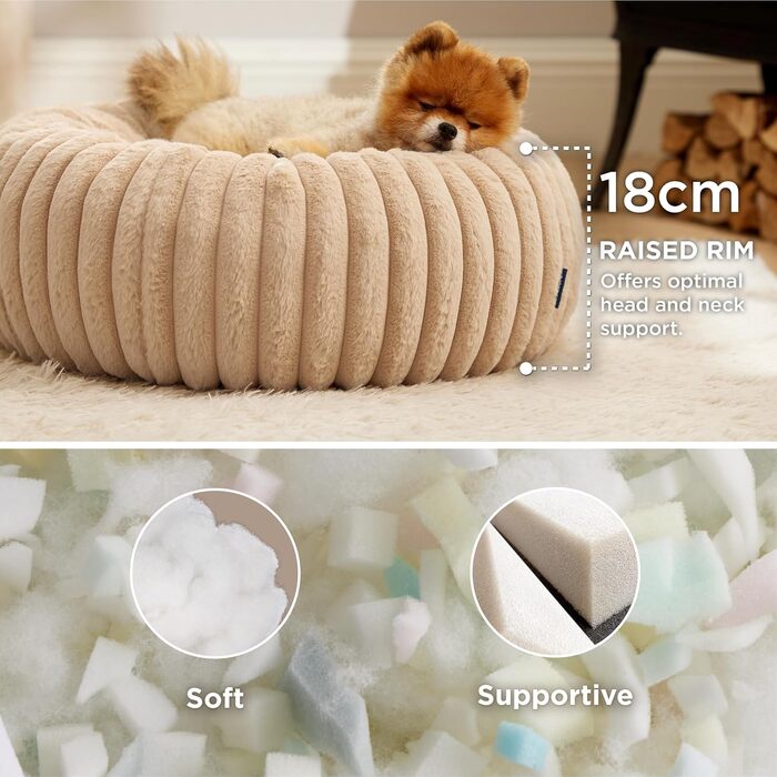 BEDSURE Ортопедичне ліжко для котів - пухнасте гніздо Donut 51x51x15 см, кругле котяче ліжко з знімним та пральним чохлом Cord-Fleece, неслизьке дно, (58.5 x 58.5 x 18 см, верблюжий)