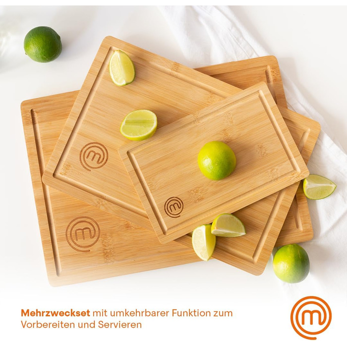 Набір дерев'яних обробних дощок MasterChef: великий (38x27.5 см), середній (34x23.5 см), маленький (23x15 см) з жолобом для соку, 3 шт.