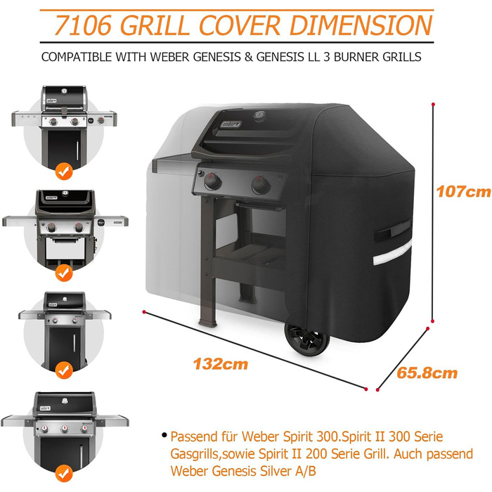 Чохол для гриля Weber Spirit 200/300, водонепроникний, UV-захист, 132 см, для газового гриля, важкий захист