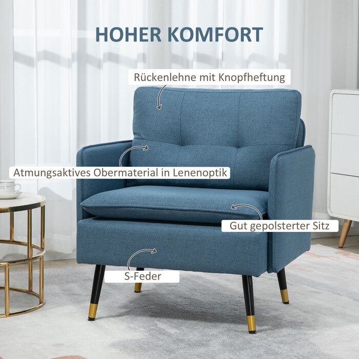 HOMCOM Accent Chair with Button Tufting, Upholstered Armchair, Removable Cushions, Black + Gold + Blue