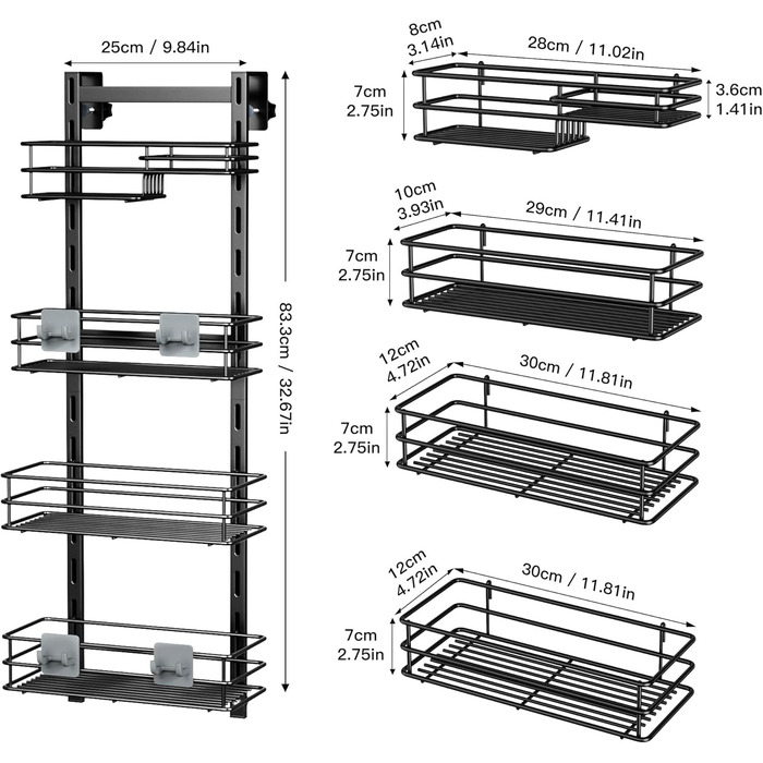 Регульована поличка для душу Orimade, сіра, 5 ярусів, з гачками, для зберігання в ванній кімнаті, з мильницею, на присосці, для ванної кімнати