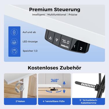 Регульований стіл Agilestic 100x60 см, електричний з пам'яттю, ергономічний, для комп'ютера, білий
