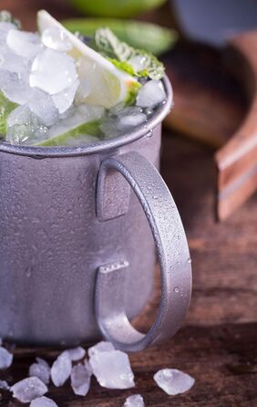 Moscow Mule 2 x 500 ml Cocktail Glasses, 27 cm Bar Spoon, 5cl Jigger & Black Lime Squeezer, Food-Grade, Cocktail Glass Set including Gift Box, (Antique Stainless Steel, 4 Piece (1 Pack))