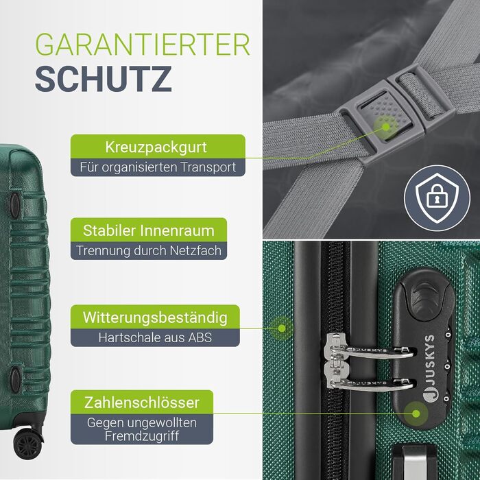 Набір валіз Juskys® з жорстким корпусом (4 шт.) - з кодовим замком, тихими 360° колесами, телескопічною ручкою, легкий, зелений