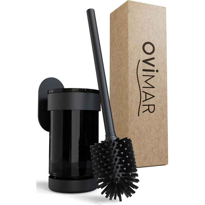 Настінна щітка для туалету Ovimar Finnkona чорного кольору з кріпленням без свердління, силіконова головка, функція вентиляції, для кріплення, з порошковим покриттям з нержавіючої сталі, змінна головка