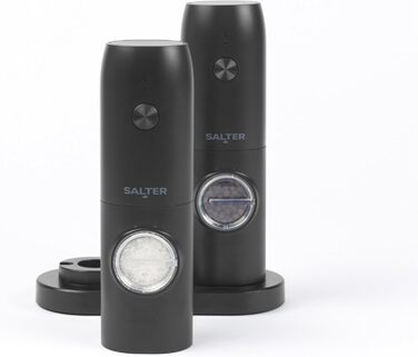 Набір електричних мельниць для солі та перцю Salter - регульований ступінь помолу, прозорі вікна, кнопка, база для зберігання, USB-кабель, керамічний механізм, підсвічувана база