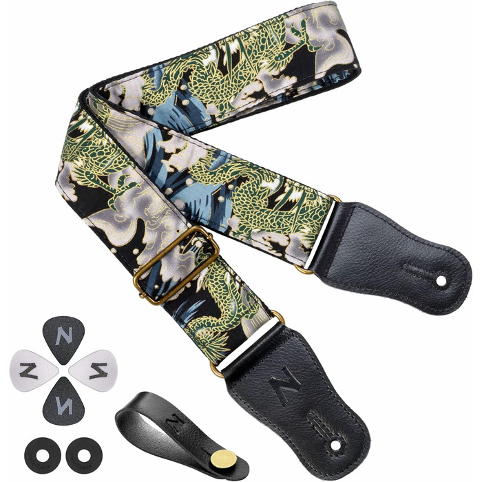 Японський гітарний ремінь Nefelibata з бавовни для акустичної гітари та укулеле, адаптер для голівки грифа, медіатори, регульована довжина 38'-64', візерунок дракона