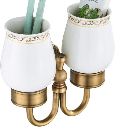 Home Antike Toothbrush Holder, Brass Tooth Cup Holder, Retro Classic Solid Copper Toothbrush Holder and Ceramic Glass Shape Double Toothbrush Holder