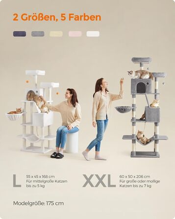 Драбина для котів Feandrea, 206 см, XXL, з 13 стовпчиками для дряпання, 2 платформами, 2 хованками, кошиком, помпонами, багатоярусна, кремово-біла, для дому (60 x 50 x 206 см)