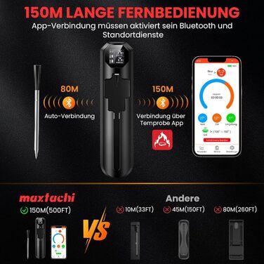 Бездротовий термометр для м'яса з двома датчиками, цифровий термометр для приготування страв з підключенням через додаток, Bluetooth, 150м, для гриля, кухні, барбекю, духовки, коптильні, ротатерії, фритюрниці, подарунок, чорний