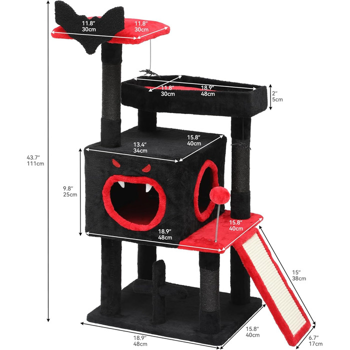 Кігтеточка YITAHOME Готичний XL, 160 см, з 4 колонами з сизалю, 1 дощечкою для шліфування, гамаком, 2 кулями-мавпами, платформами-ліжками, для шліфування, чорна (40 x 48 x 111 см)