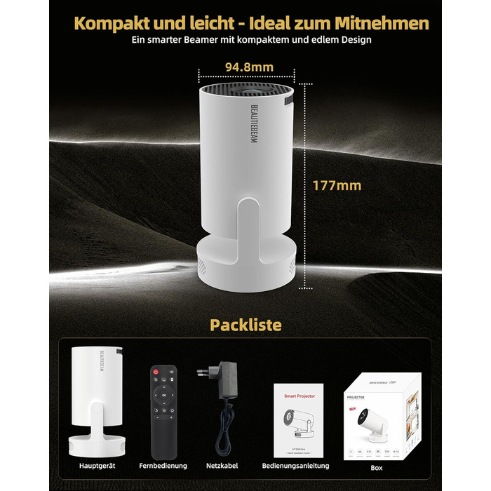 Beautiebeam Beamer: Міні проектор 4K з підтримкою 1080P, Android 11, Bluetooth 5.0, Wi-Fi 6, Автоматична корекція трапеції, для дому та на відкритому повітрі