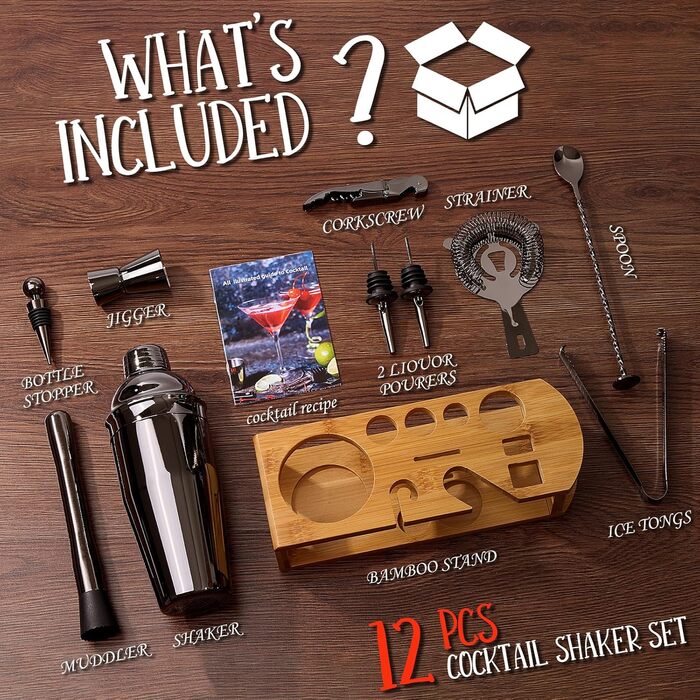 Набір шейкер для коктейлів Barkeeper Kit: 12 предметів з бамбуковим стійкою | Набір бармена з аксесуарами, для приготування напоїв, бару, дому, лаунж та вечірки (Золотий) (з титановим покриттям)