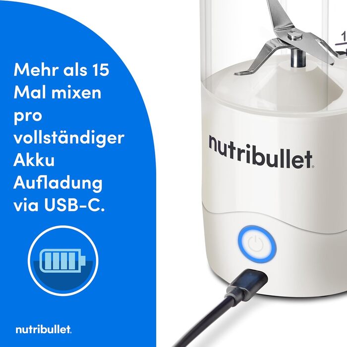 Nutribullet Immersion Blender, Immersion Blender, 475ml BPA-free, Mini-Mixer, Multi-Function Blender, USB-C Charger, over 15 blending cycles, White, NBP003W Portable White