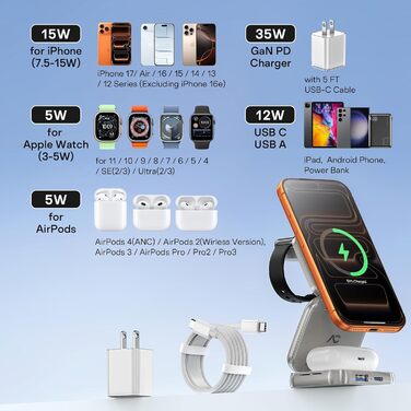 Зарядна станція 5 в 1 для iPhone з магнітним кабелем, складний зарядний пристрій для подорожей, сумісний з iPhone 17/16/15/14/13/12, AirPods Pro 3, Apple Watch S11/Ultra (Titan Wüstensand) 2026-Titan Grau