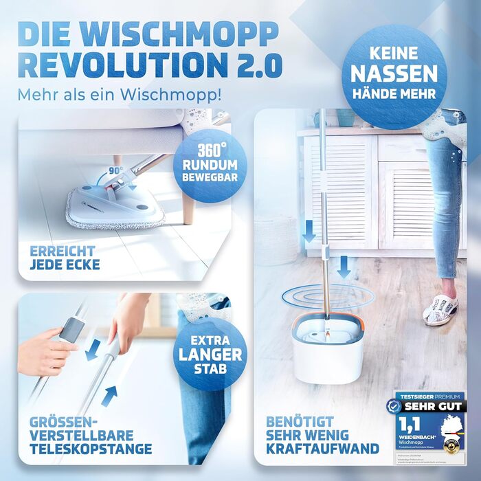 Набір для миття підлоги Wischmopp з відром | Система з 2 камери для розділення брудної та чистої води | Ефективний мийник підлоги з функцією віджиму | Сірі насадки