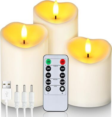 Homemory Rechargeable Flameless Candles, LED Candles, Battery-Powered Candles with Remote Control and Timer, Waterproof, Durable, 3-Pack