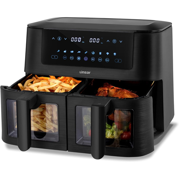 Фритюрниця Linsar з подвійною зоною та двома кошиками, 8л, з сенсорним екраном, 9 режимів, Dual Cook, чорний