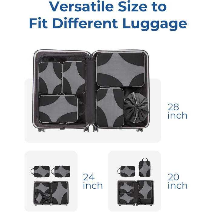 BAGSMART Набір органайзерів для одягу 6 шт. - компресійні кубики для подорожей, валізи, рюкзака, з мішком для білизни