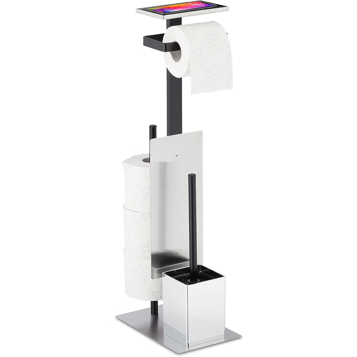 Набір для ванної кімнати Relaxdays: тримач туалетного паперу, щітка для туалету та підставка, полиця, срібно-чорний, 69x26x18 см