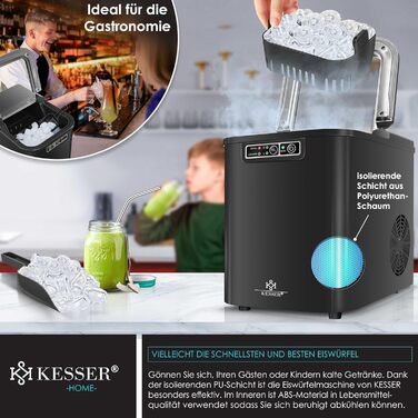 Машина для приготування льоду KESSER® з нержавіючої сталі | 12 кг льоду за 24 години | Швидке приготування (7 хв) | 2.2 л резервуар | 2 розміри кубиків льоду | LED-дисплей | Самоочищення | Чорний