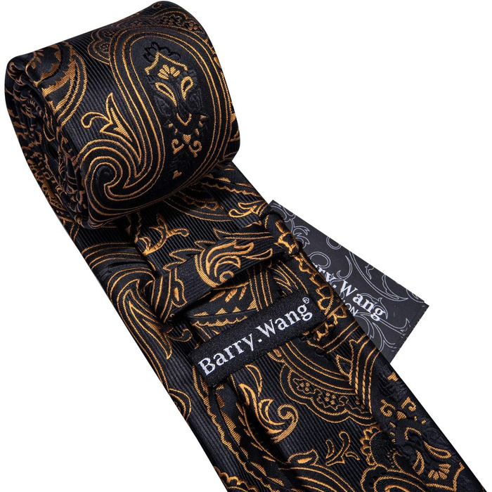 Набір краватки, кишенькового хустинки та запонок Barry.Wang: Шовкова краватка з квітковим візерунком Paisley, чорно-золота, для весілля та свят