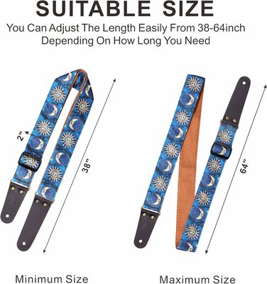 Гітарний ремінь Nefelibata, вишитий бавовняний ремінь з шкіряними кінцями, для бас-гітари, електро- та акустичної гітари, безкоштовний фіксатор, 1 пара застібок, 4 шт. (Блакитне сонце)