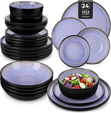 Набір посуду Steingut 24 шт. vancasso AMBER, посуд для 6 осіб, тарілки, супові тарілки, десертні тарілки, миски, реактивна глазур, колір фіолетовий, безпечний для миття в посудомийній машині