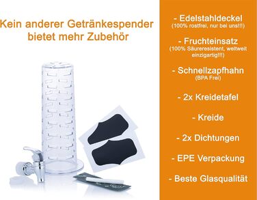 Диспенсер для напоїв Mary's Kitchen Tools, 4 л, скляний з фруктовим фільтром і краном, для води, лимонаду, соку, боулів, у стилі банки для консервування