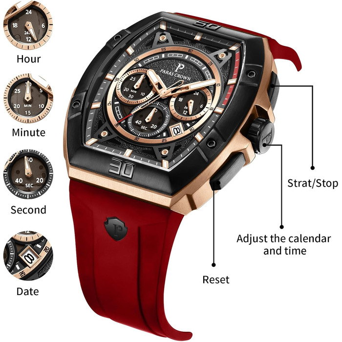 Чоловічий годинник-хронограф на кварцовому механізмі з японським годинниковим механізмом, 5ATM, корпус з нержавіючої сталі, тонка форма корпусу (Tonneau), силіконовий ремінець (рожево-червоний)