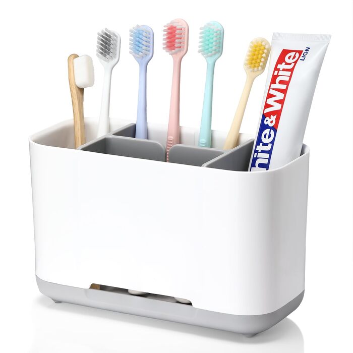 Тримач для зубних щіток, органайзер для електричної зубної щітки, регульований підставка з пластику з неслизьким дном, 4 відділення для зубних щіток + 2 відсіки для зберігання