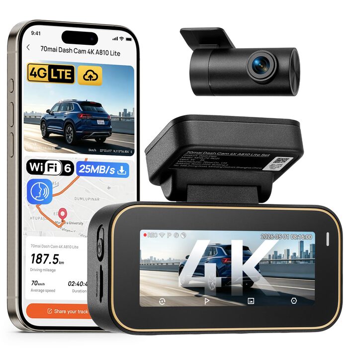 Автомобільний відеореєстратор 70mai A810 Lite 4K з Wi-Fi 6, передня та задня камери, чорний глянцевий