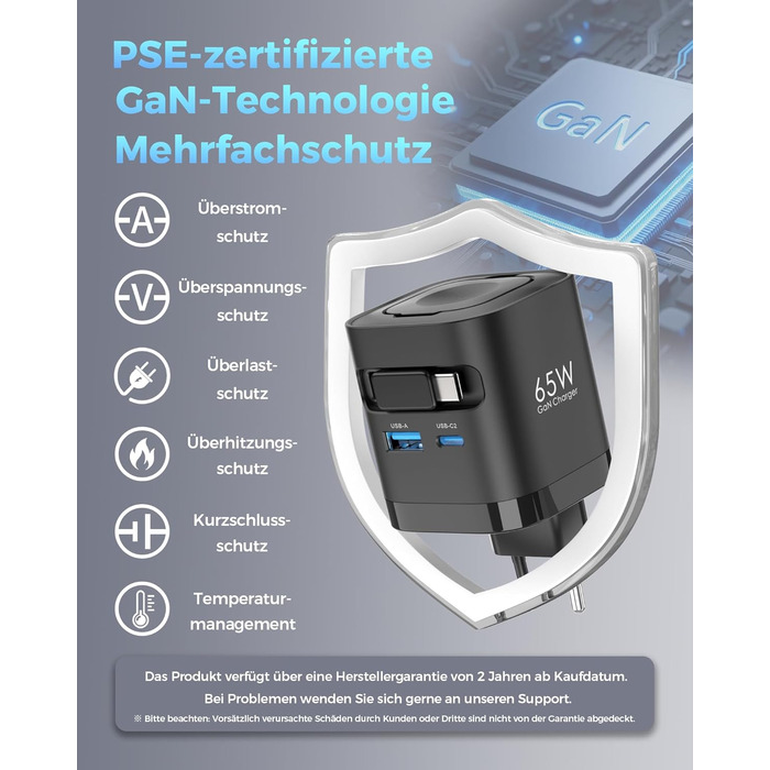 Зарядний пристрій 65W USB-C з кабелями для Apple Watch, 4 порти GaN USB-C, швидка зарядка для Apple Watch Ultra/11/10/9/8/7, MacBook, iPhone, iPad, Galaxy - Білий