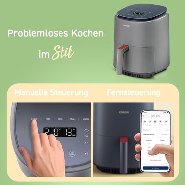 COSORI Lite Air Fryer 3.8L, 7 Functions, MAX 230℃, WiFi Connected, airfryer XL, Compact Air Fryer, 100+ PDF Recipes, 1500W, Dishwasher Safe, Grey 3.8L Grey