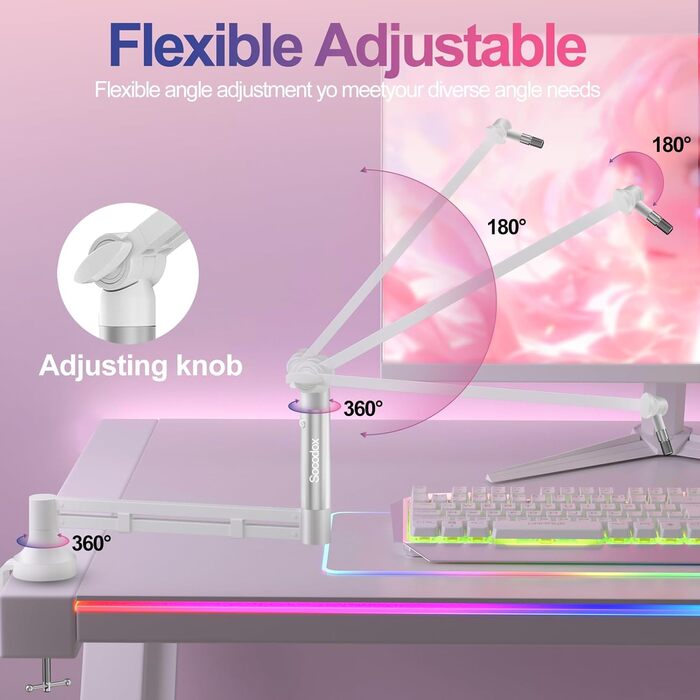 Низькопрофільний мікрофонний важіль, міцний тримач для мікрофона з кріпленням до столу 7 см, адаптери 3/8' та 5/8', для Blue Yeti, подкастів, геймінгу, вантажопідйомність до 2 кг, білий
