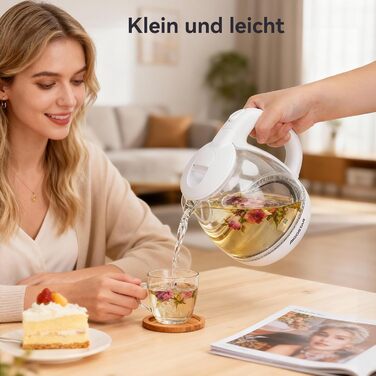 Електричний чайник Aigostar зі скла, 1 л, 2200W, LED-підсвічування, автоматичне відключення, захист від сухого кипіння, BPA Free, білий