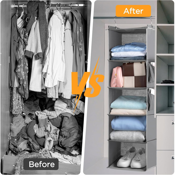 Органайзер для шафи Cozary з 5 відділеннями, складаний, з металевими гачками - сірий