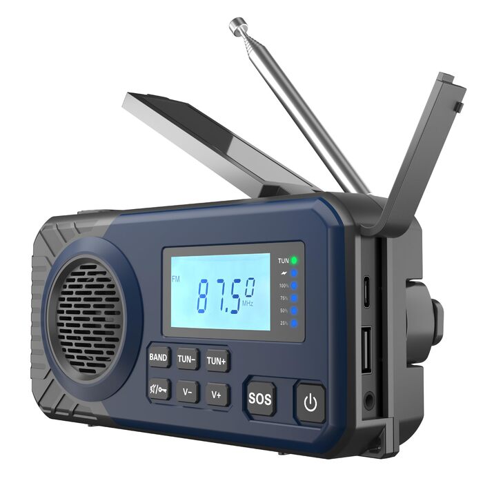 Радіо на механічній ручці Kurbelradio з акумулятором 5000 mAh (Синій) | AM/FM/SW, USB, живлення від батарей, аварійний набір, ліхтарик, зарядка для телефону